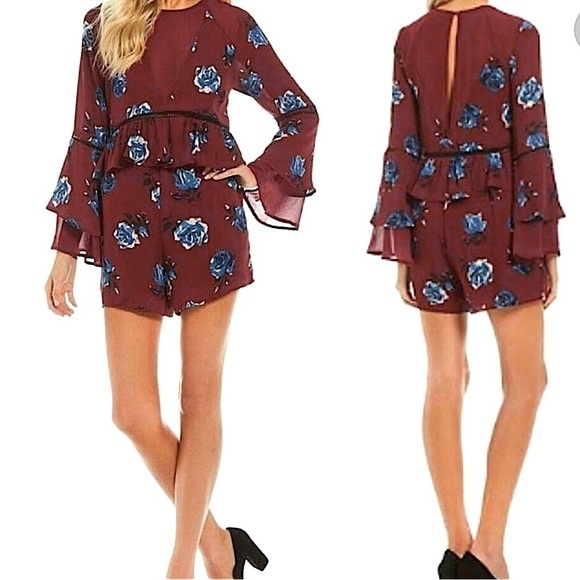 Gianni Bini Romper S NWT Burgundy Floral Blue Mesh Tiered Bell Sleeves Flared - Picture 1 of 13